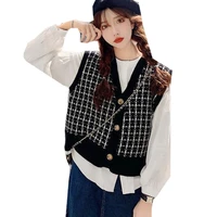 autumn new 2021 women slim short plaid knitted sweater vest korean casual outer cardigan coat oversize female waistcoat chic top