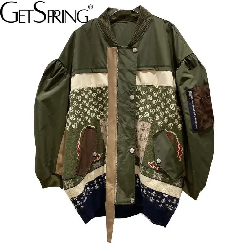 

Getspring Women Coat Knitting Patchwork Irregular Armygreen Jacket Woman Winter Asymmetry Retro Casual Long Coats 2021 Fashion