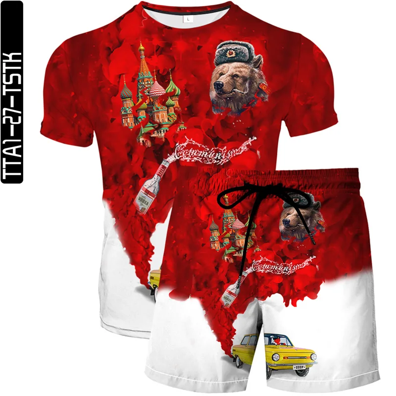

Summer men and women 3D printing cartoon pattern T-shirt + beach pants 2-piece set fashion sports leisure cute young Harajuku
