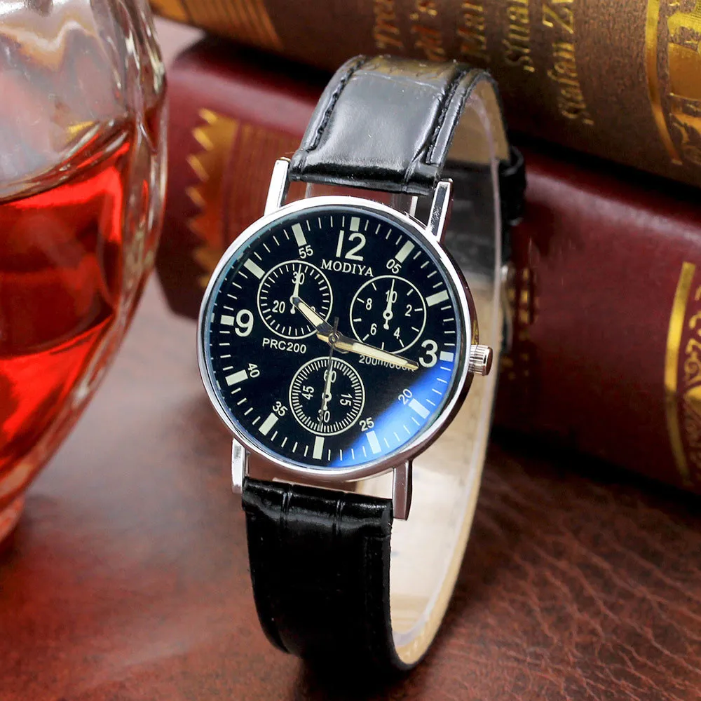 

Relogio masculino luxury watch men blue glass leather watch quartz watch male watch black clock men reloj hombre erkek kol