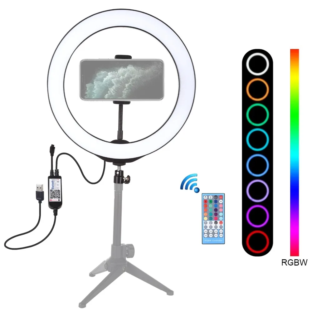 

PULUZ 10.2 inch 26cm USB RGBW Dimmable LED Ring Light Youtube Vlogging Photography Video Lights &Phone Clamp & Remote Control