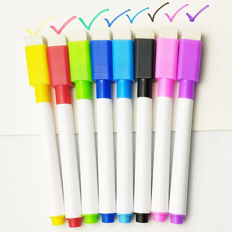 

8 Pcs/lot Colorful black School classroom Whiteboard Pen Dry White Board Markers Built In Eraser Student children's drawing pen