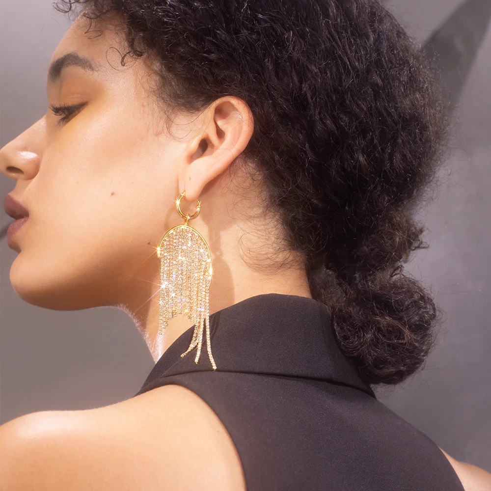 ENFASHION кристалл Длинная кисточка Висячие серьги для женщин золотого цвета