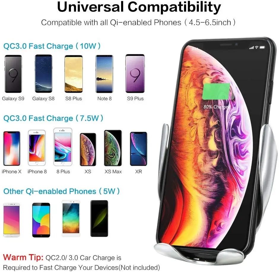 Беспроводное Автомобильное зарядное устройство Qi 10 Вт быстрая зарядка умный