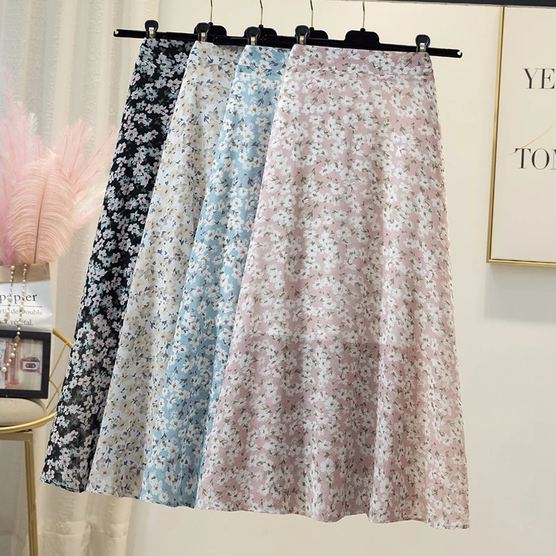 

Летняя Милая шифоновая юбка А-силуэта с цветочным принтом, Длинные Летние шифоновые юбки с маргариткой