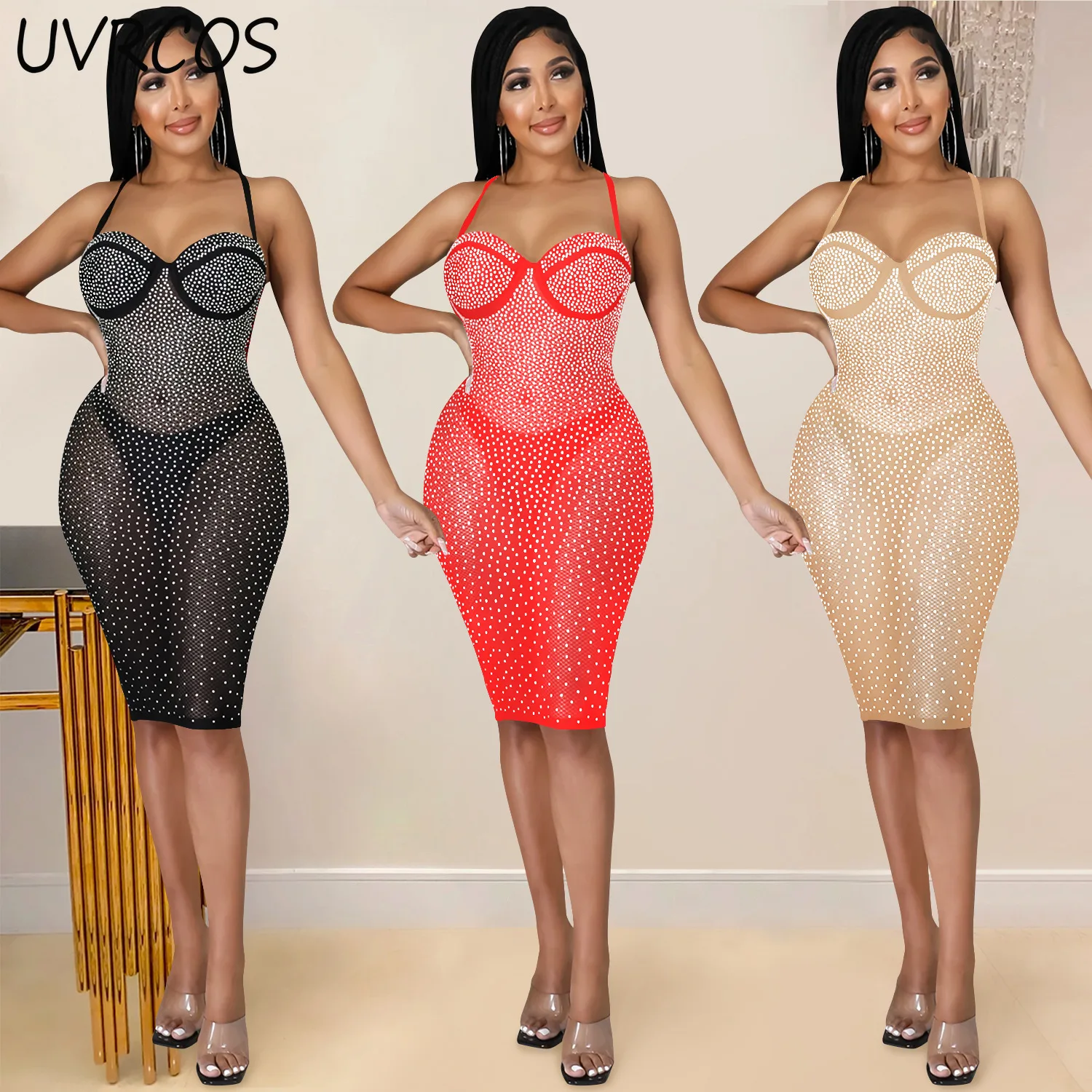 

Sexy Sling Halter Diamond Perspective Fashion Tube Top Curve Off Shoulder Mesh Dresses Nightclub Party Hot Dress Women New 2021