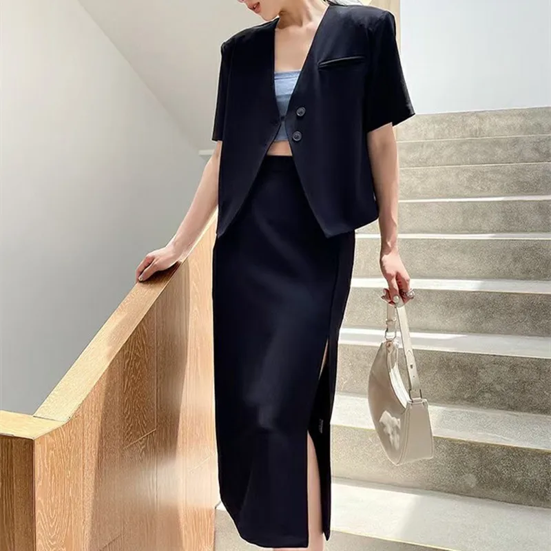 

Summer Women Green Skirt Suits 2021 Elegant Single-breasted Short Suit Jacket & Pencil Skirt Elegant Ladies Blazer Sets
