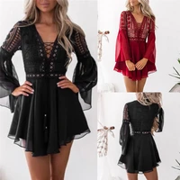 mini dress women sexy semi sheer checkered dress v neck long sleeve crochet lace hollow out solid color dress summer