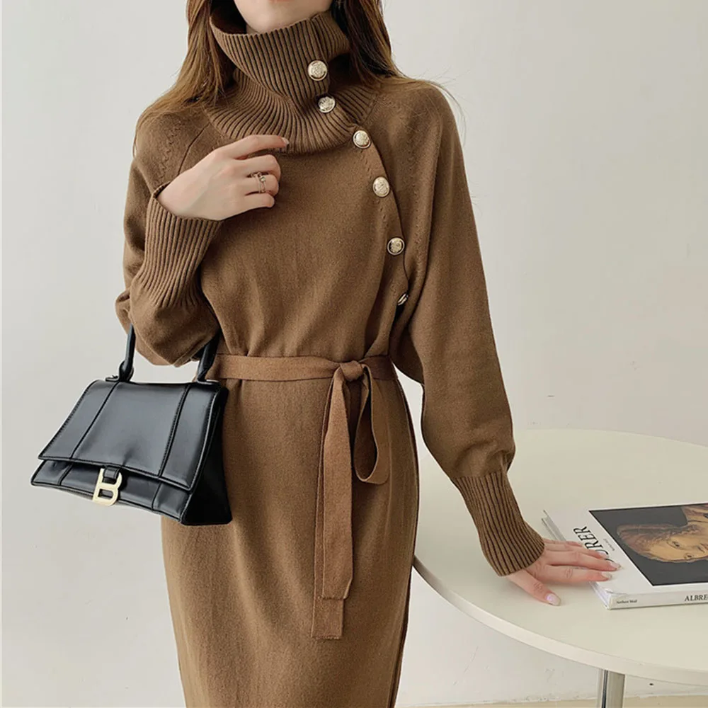

Dresses For Women 2021 Elegant New Turtleneck Buttons Sweater Dress Temperament Knitting Mid-length Slim Office Lady