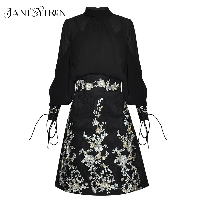 Janeyiren Fashion Designer Set Spring Women's Lantern Sleeve Shirt Tops+Embroidery Sequins Skirt Two-piece set
