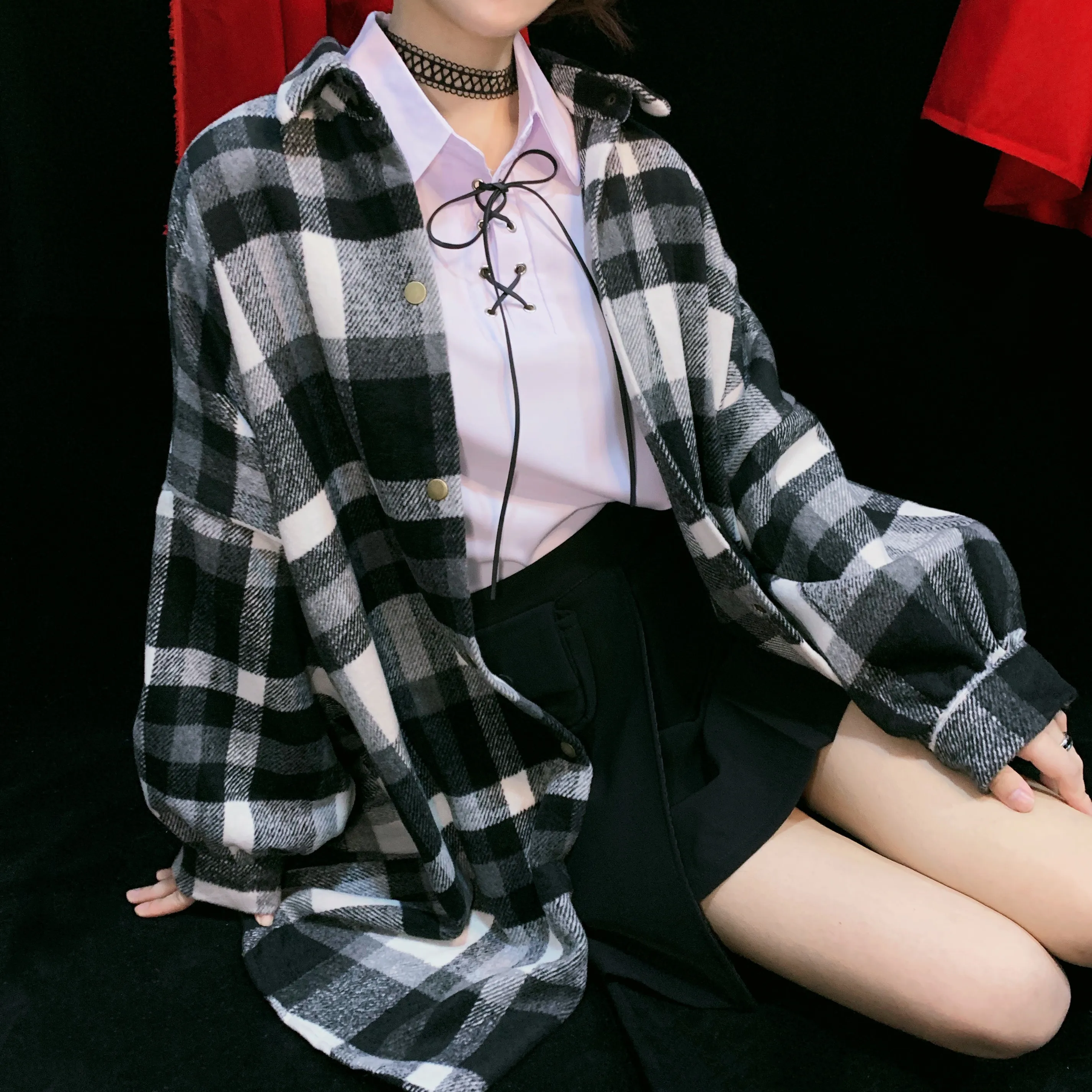 Осенне-зимнее женское пальто в школьном стиле Harajuku японское ретро черно-белое