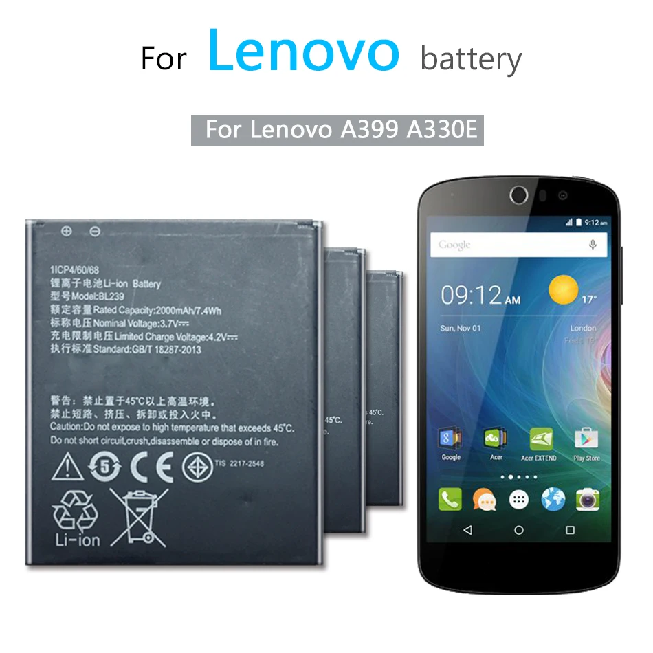 BL239 для Lenovo A399 A330E литий ионная полимерная батарея 2000mAh сотового