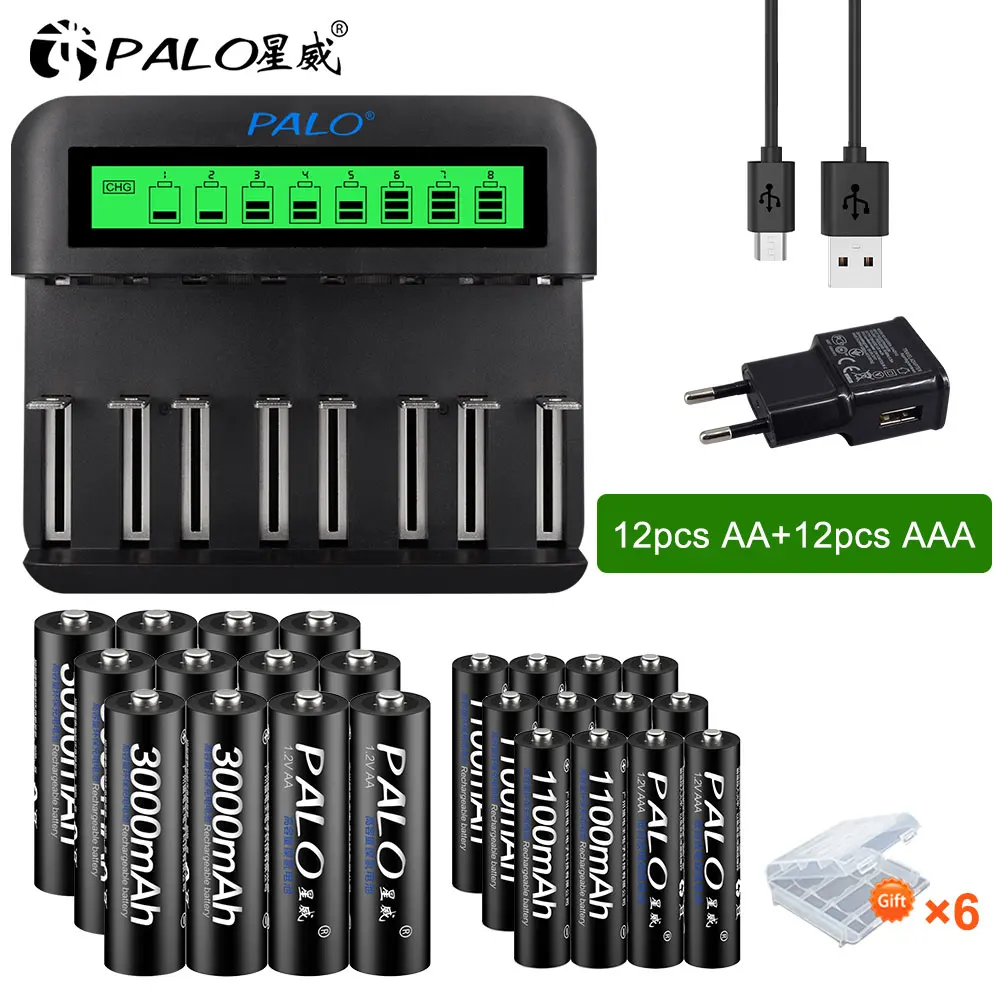 

PALO 1.2V AA AAA Rechargeable Batteries 8 Slots Lcd Display Usb Smart Battery Charger For Aa Aaa Sc C D Size 1.2V Ni-Mh Ni-Cd