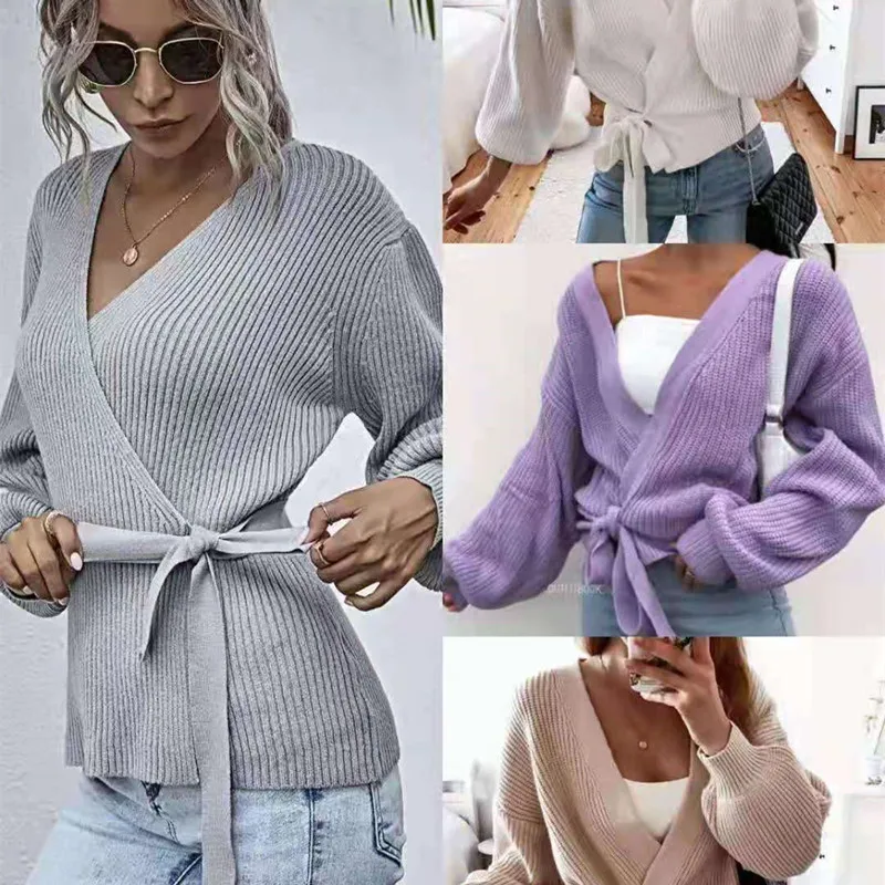 

HELIAR Women Winter Sweaters V-Neck Solid Pullovers Sweater Bandage Knitted Tops Long Sleeve Knitted Blouse For Women Autumn