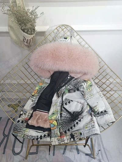 Grey Pink Зимняя меховая куртка для девочек; сезон осень-зима; детская верхняя одежда; пальто из натурального кроличьего меха; толстые теплые парки для маленьких мальчиков; TZ330 - Цвет: Grey Pink