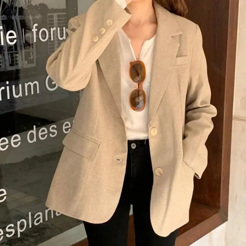 Женский Повседневный Блейзер небольшой винтажный Клетчатый жакет оверсайз