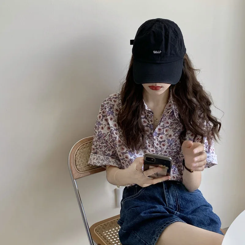 

Purple Vintage Floral Short-Sleeved Shirt Women's Design Sense Niche Outdoor All-Matching Petite Top College Style Summer