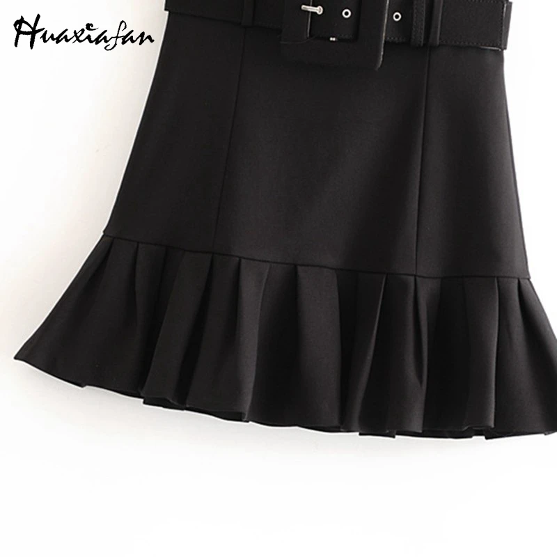 Huaxiafan Women Skirts Black Ruffles A Line Sashes Spring Autumn Ladies Vintage Stylish Solid Color Female Casual | Женская одежда