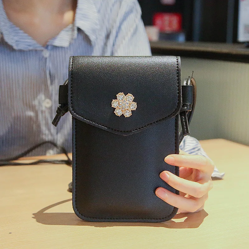KANDRA Fashion Women Casual Shoulder Pocket Crystal Flower Deco Female Crossbody Bags Pu Leather Coin Purse Mini Phone Bag 2019 | Багаж и
