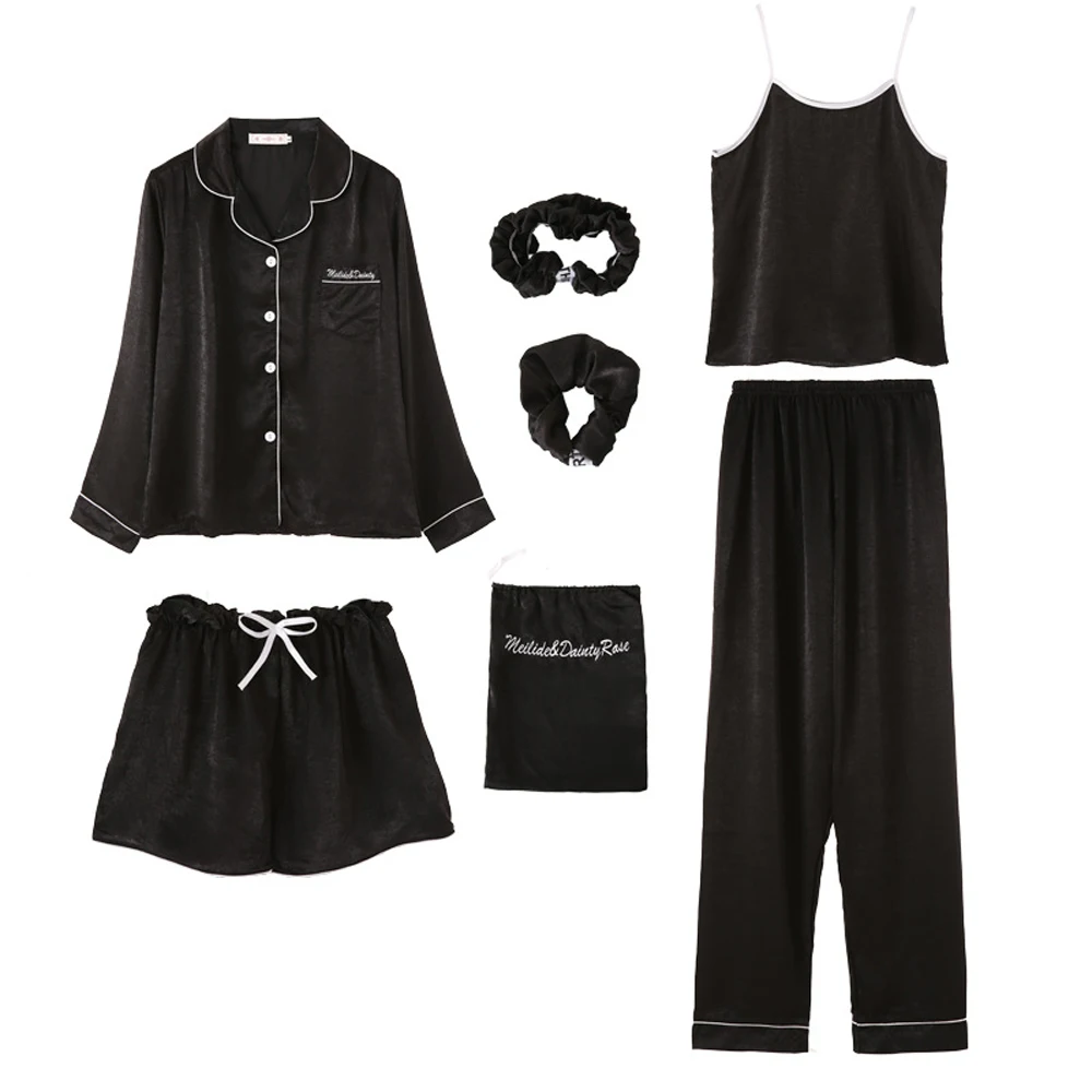 

Комплект пижамный женский из искусственного шелка, 7 предметов, мягкая, для всех сезонов, домашняя одежда, удобная ночная рубашка