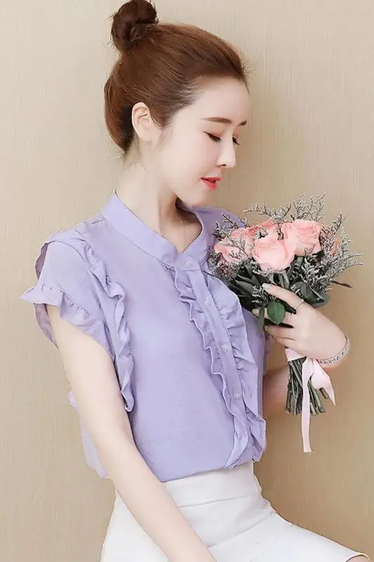 

2021 Summer New Style Women's Elegant All-match Ruffled Short-sleeved Chiffon Shirt Shirt Temperament Pure Color Blouse Fungus