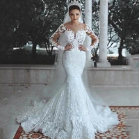 glamorous mermaid wedding dresses elegant sheer neck long sleeves lace appliques sweep train bridal gowns 2022 vestido de noiva