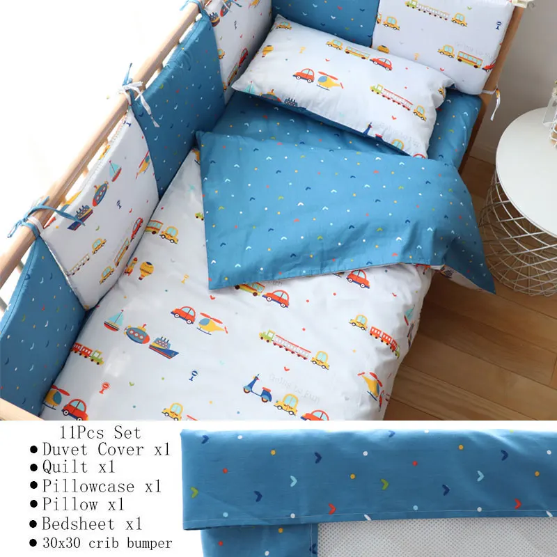 Baby Bedding Set For Boy Girl Nordic Cotton Baby Bed Linen For Newborns Kids Crib Bedding With Bumper Cot Kit Allow Custom Size - Цвет: Traffic 11Pcs Flat