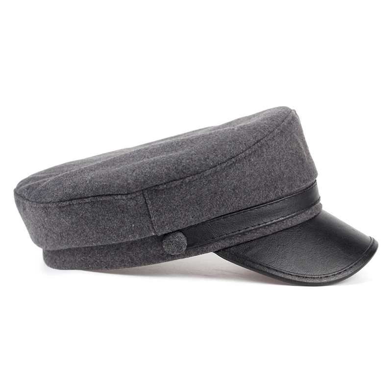 

newest Unisex Black/dark grey Leather visor Military Caps For Man Woman Students Navy Flat Fitted Hats flat