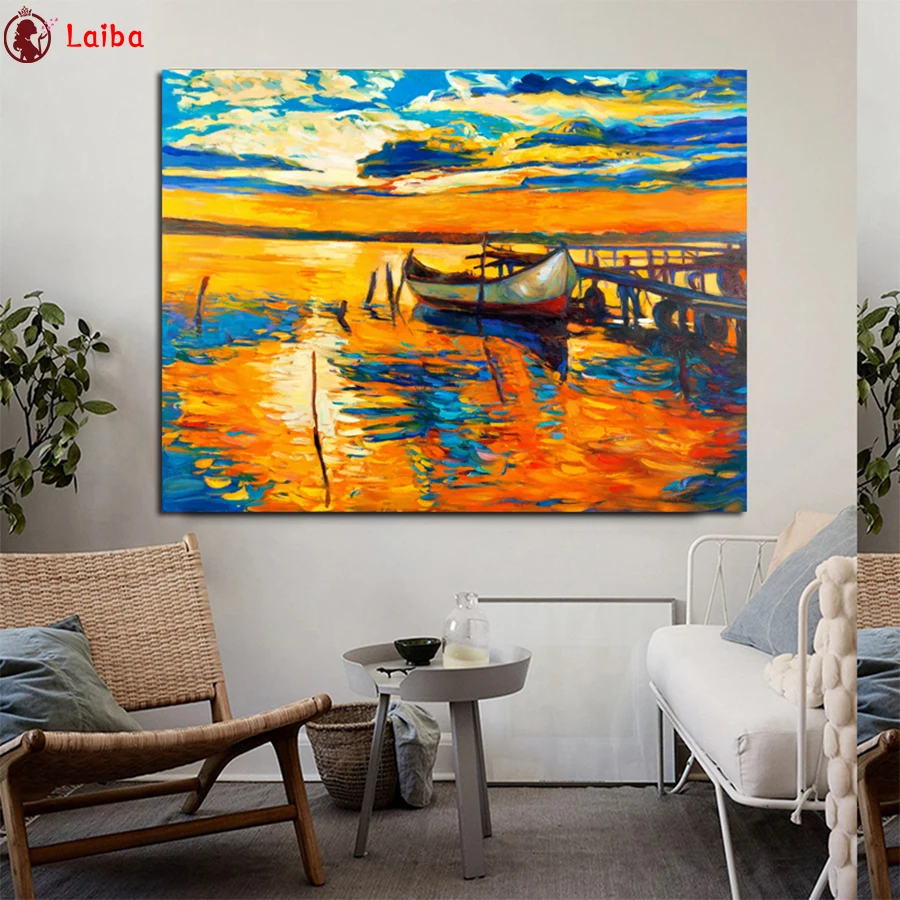 

"Сделай сам", круглая, квадратная Алмазная вышивка пейзаж картины закат Лодка, вышивка крестиком, 5d алмазная живопись Стразы