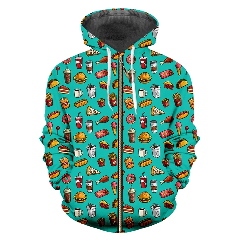 

IFPD New Cartoon Zipper Hoodie Men's And Women's Autumn Fashion 3D Burger Hot Dog Print Pullover Casual Streetwear Direct Sales
