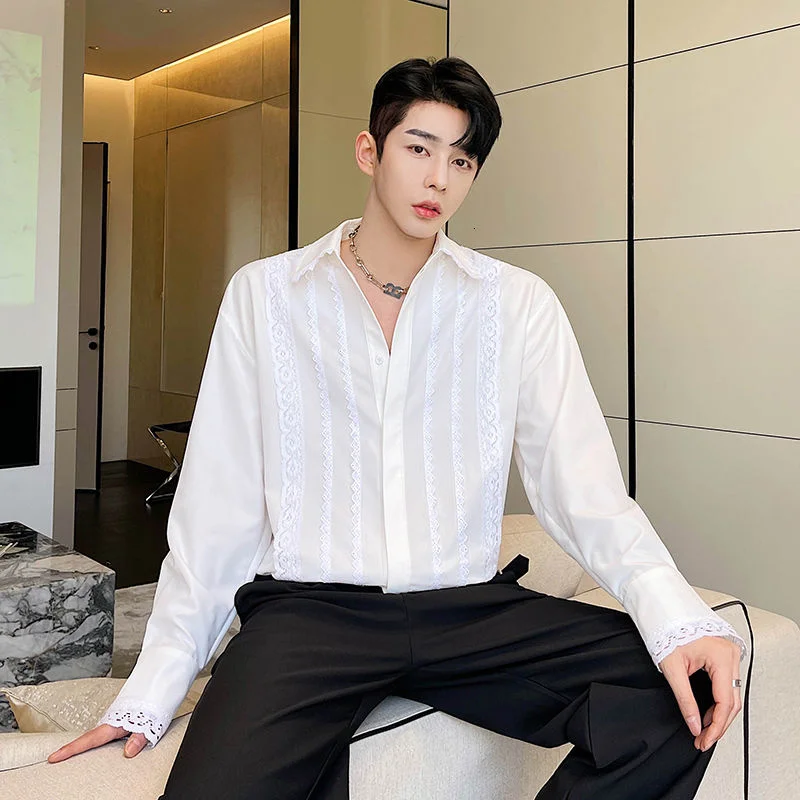 

Men's Wear 2021 Autumn New Turn-down Collar Lace Long Sleeve Shirt Loose Casual Fashion Clothing Shirt For Male
