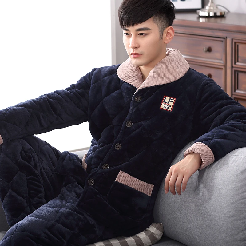 Korean Flannel Winter Pajamas Men Velvet Fashion Teenager Pajamas Gauze Winter Thick Homewear Pijama Masculino Underwear Eg50sy