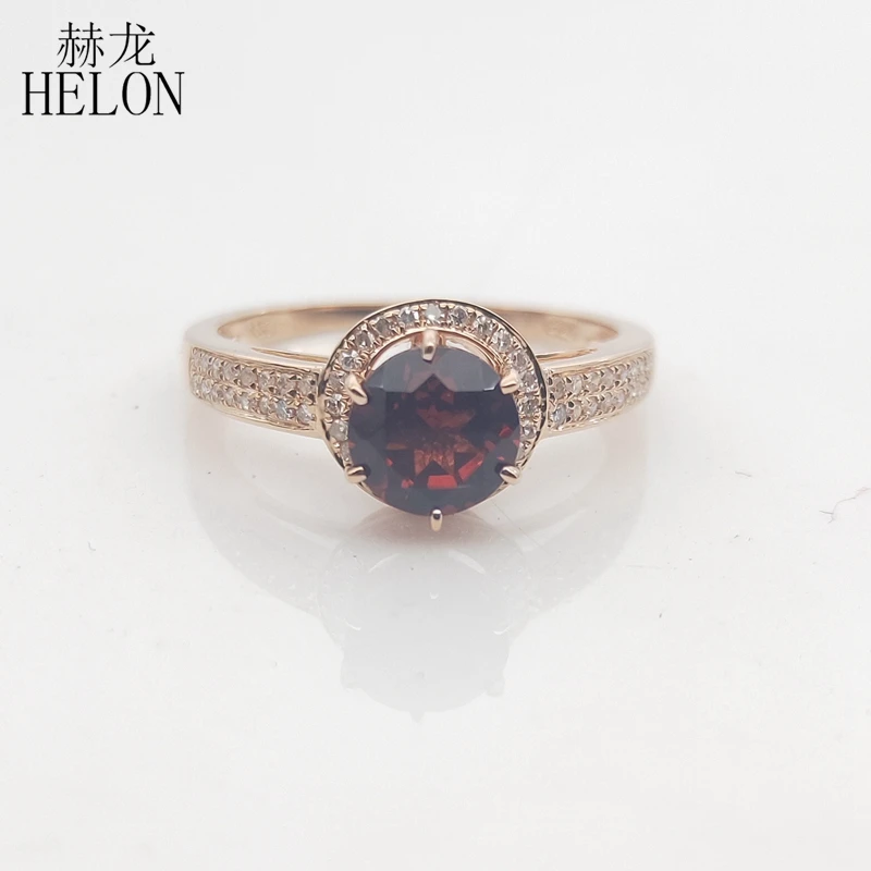 

HELON Solid 14K Rose Gold Flawless 6mm Round Genuine Natural Garnet & Diamond Engagement Wedding Ring Women Fashion Fine Jewelry