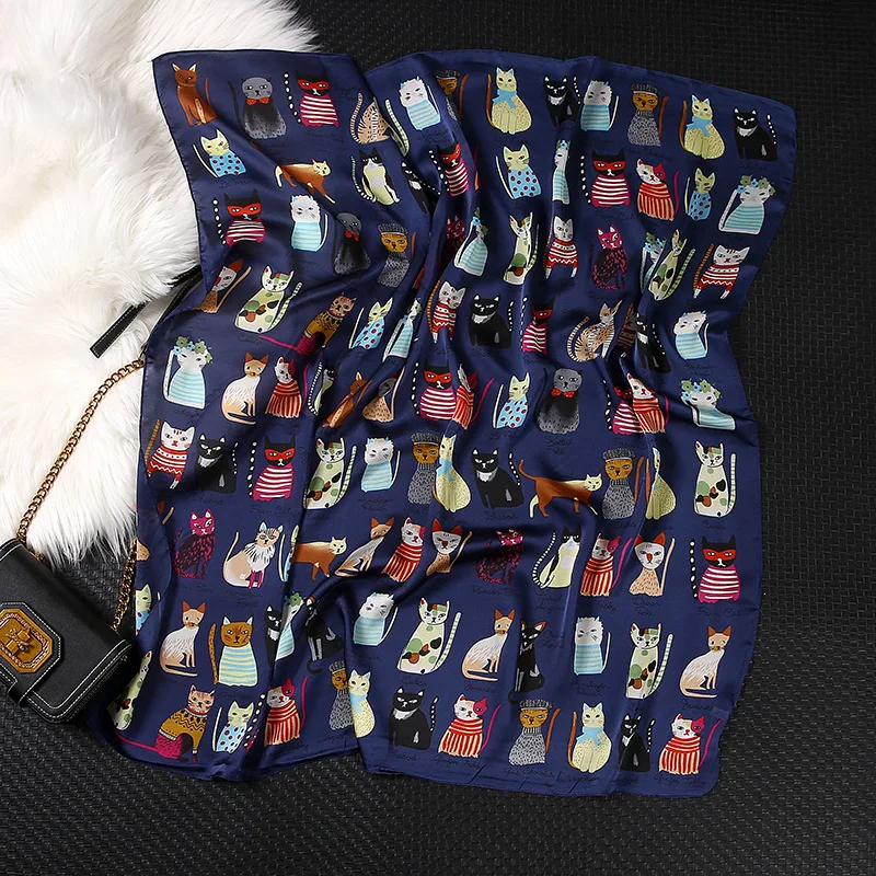 Шелковый шарф Kitten 90*90 см квадратного формата для женщин, платок-связка на голову, дамский платок, шаль, муфта, парео, бандана, женский хиджаб, пончо для пляжа.