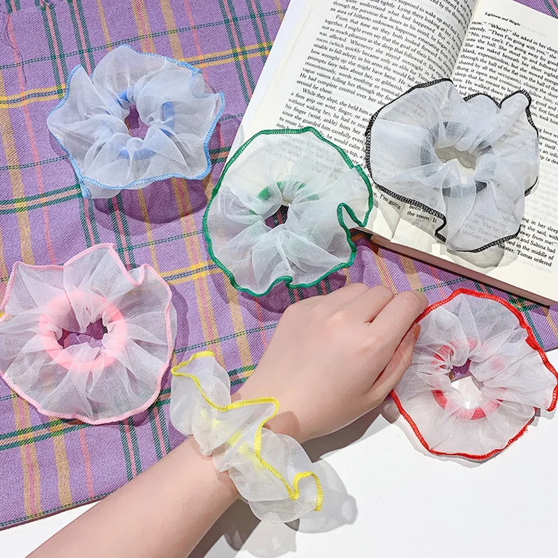

Korea Women Elastic Kawaii Lace Hair Bands Tie Girls Mesh Scrunchie Ponytail Transparent Colorful Hair Accessories Headwear