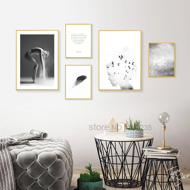 Черно-белая птица настенная живопись скандинавский плакат холст картины для