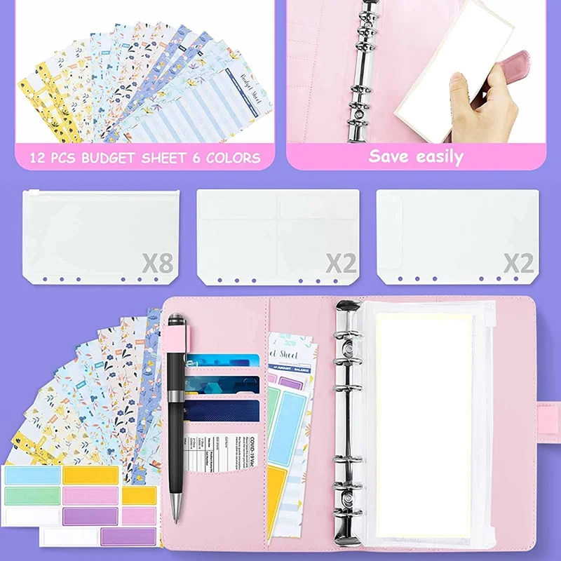 

A6 PU Leather Binder Sleeve, with 12 A6 Binder Pockets, 6 Ring Budget Binders, Money-Saving Cash Envelope System