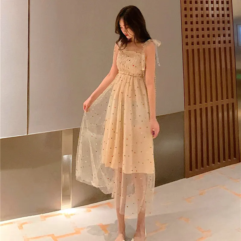 

Summer Romantic White Gauze Polka Dot Embroidery Slip Dresses Women Smock Design Empire Layered One Piece Dress Plus Size 2021