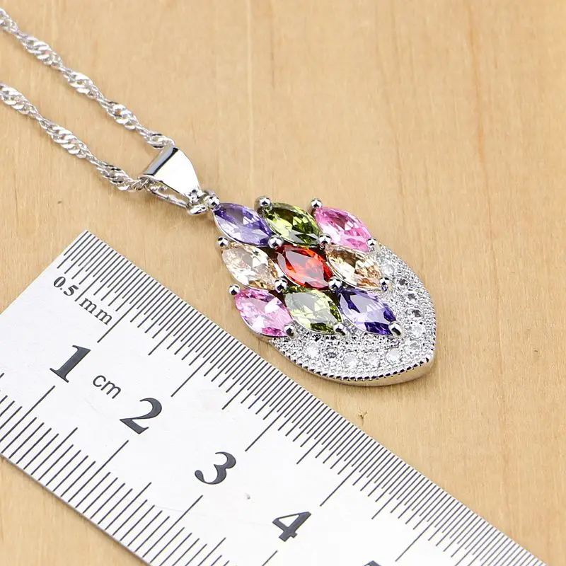 Комплект из колье и серёг серебра 925 пробы с разноцветными фианитами|jewelry sets for