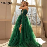 sodigne shiny green lace evening dress 2022 detachable train appliques strapless tulle prom party gowns vestidos de fiesta