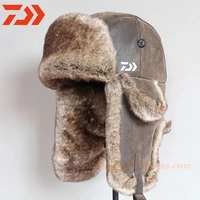 daiwa 2021 winter bomber hats winter fishing men warm skiing outdoor hat with ear flap pu leather fur trapper cap earflap