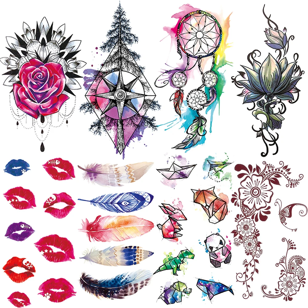 

Henna Rose Flower Temporary Tattoo For Kids Women Watercolor Pine Dreamcatcher Fake Tattoos Feather Lotus Lips Animal Tatoo Hand