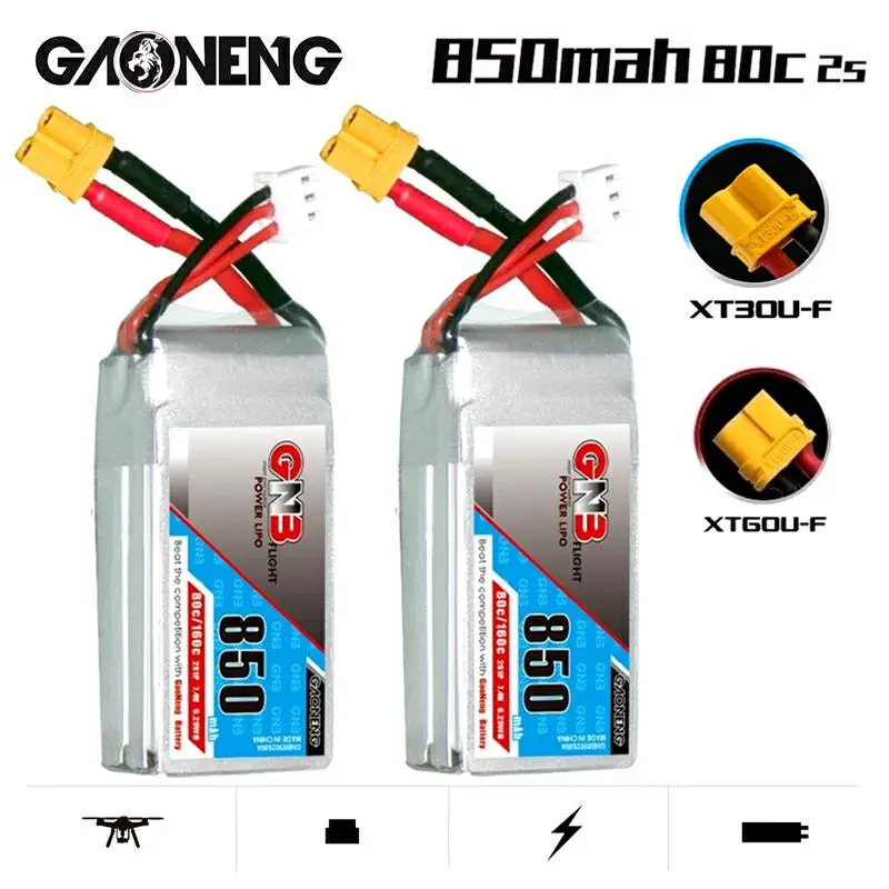 

2PCS GAONENG GNB 2S1P 850mAh 7.4V 80C/160C Lipo Battery XT30 Plug For FPV Racing Drone RC Quadcopter Drone Helicopter Toy Parts