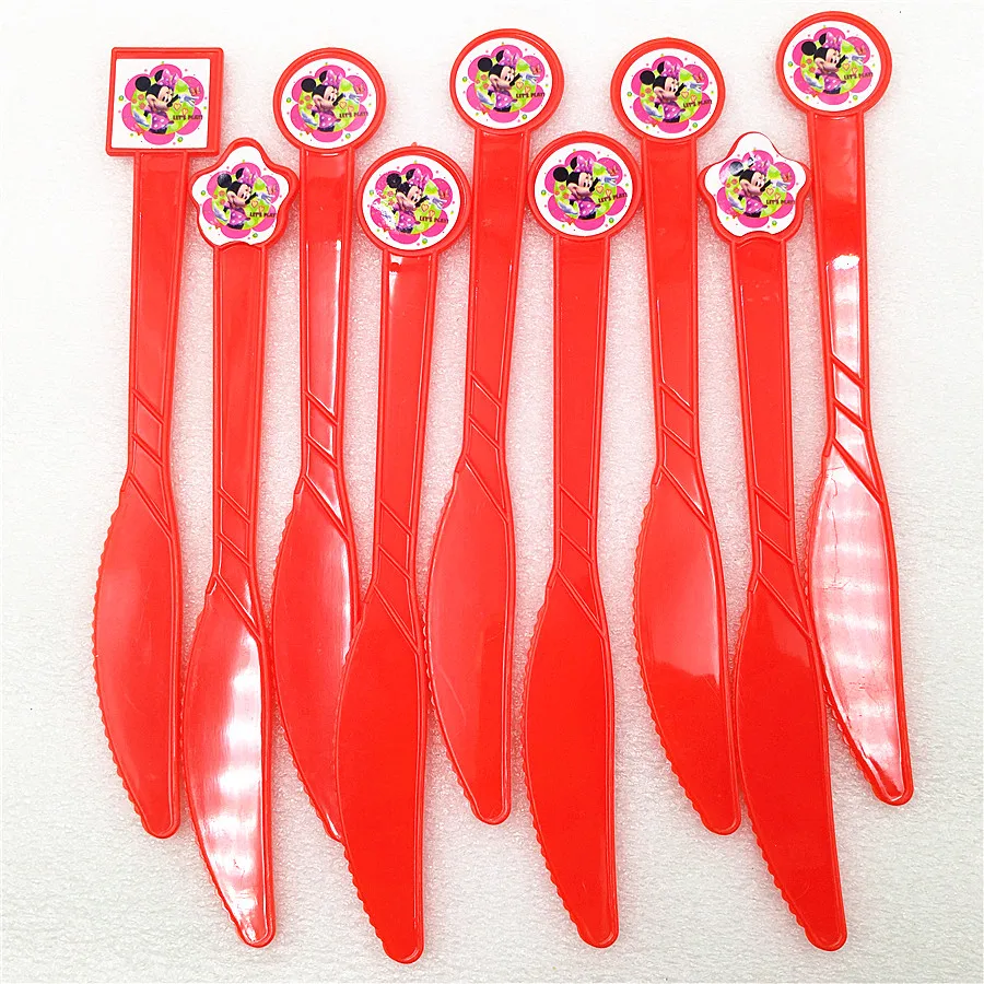 knives 10pc Минни Маус с днем рождения Детские вечерние украшения салфетка для посуды тарелка чашки коробки скатерть баннер красный розовый подарочный набор - Цвет: knives 10pc