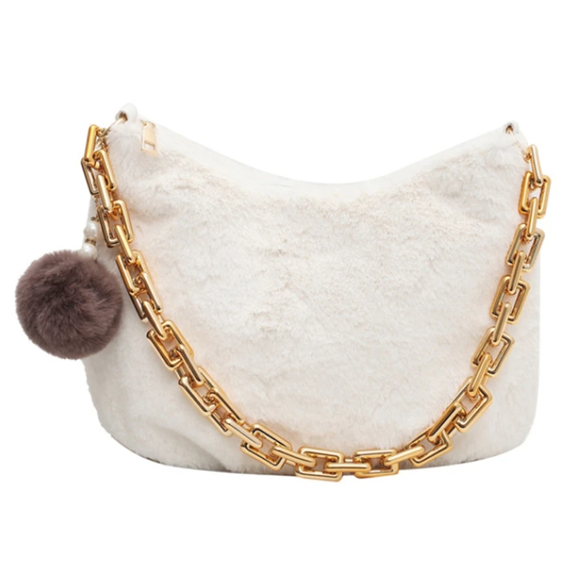 

Winter Casual Plush Shoulder Bag Women Coarse Chain Ladies Handbag Fashion Plush Bucket Bag New Pendant Tote