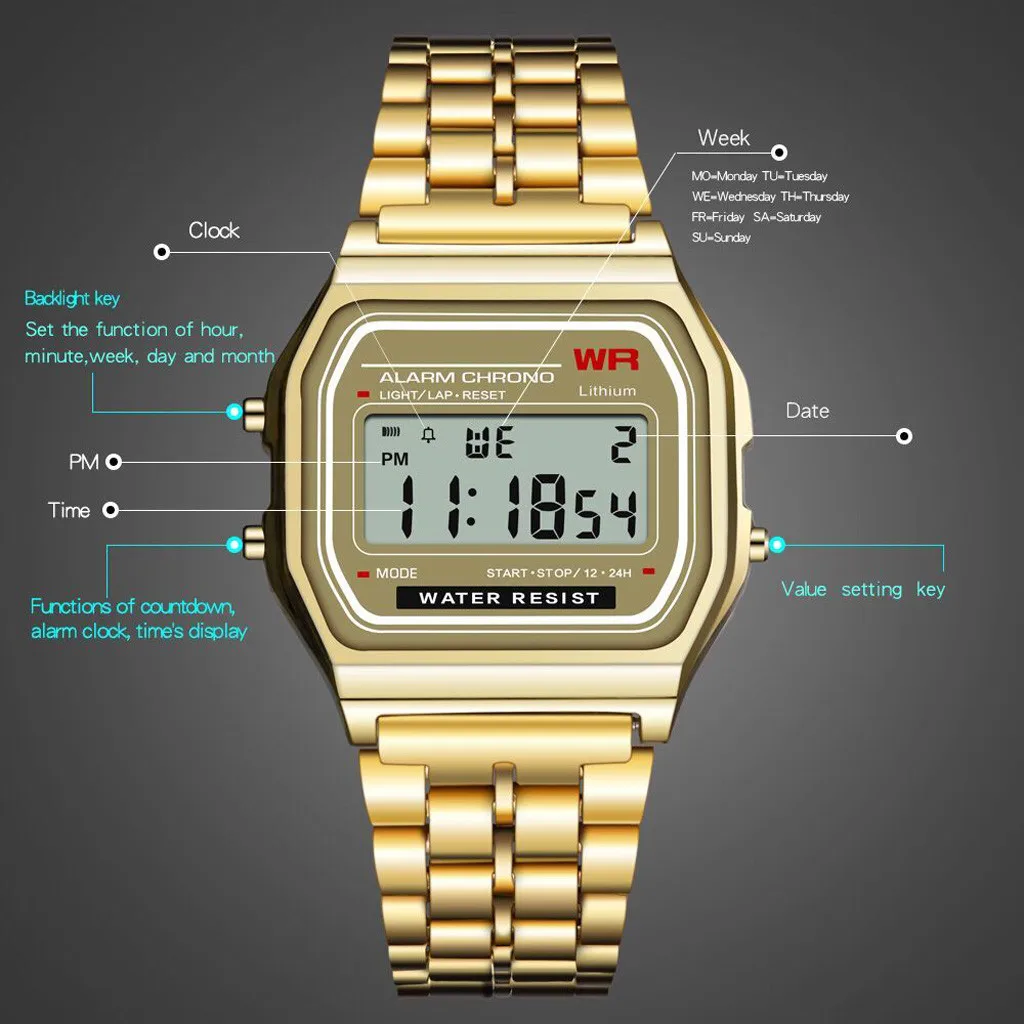 

New Led Digital Waterproof Quartz Wrist Watch Dress Golden Wrist Watch Women Men Curren Watch Men