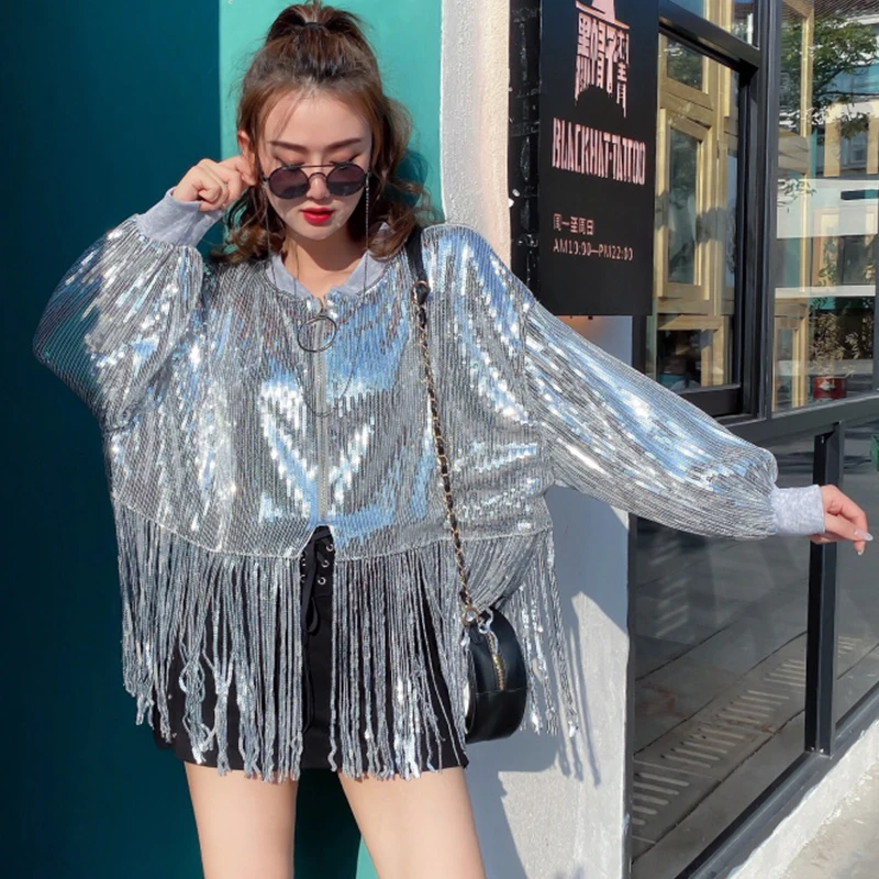 Женская Весенняя уличная одежда Chaquetas серебристая куртка с блестками женский