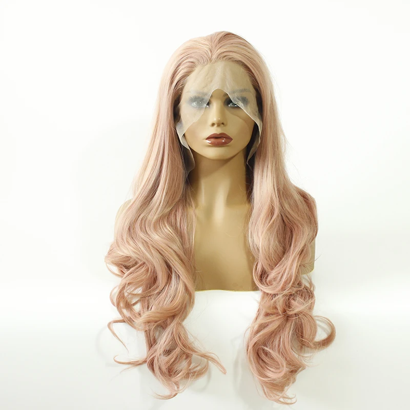 

Парик женский из синтетического кружева, термостойкий розовый с длинными волнистыми волосами, для косплея