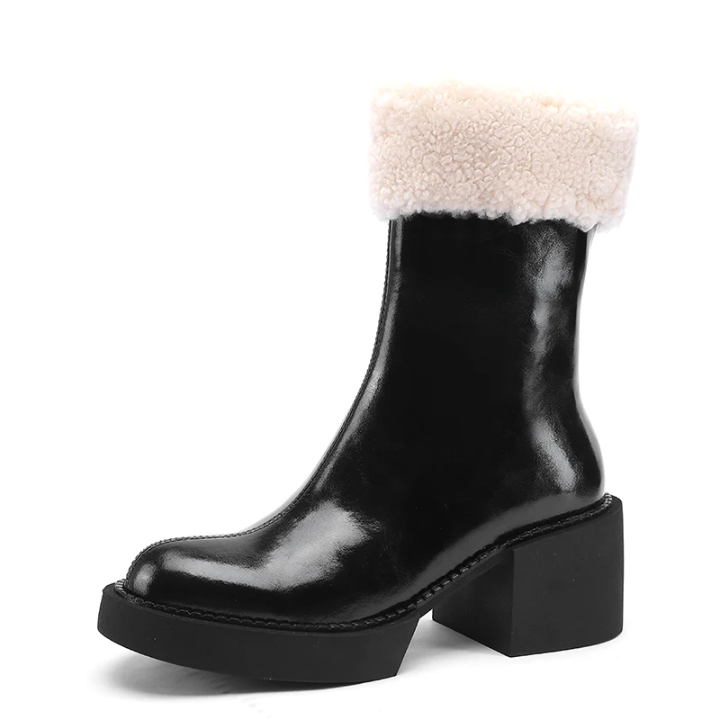 

Warm Wool Platform Women Mid-Calf Boots Round Toe Thick High Heels Side Zipper Shoes 2021 Winter Real Fur Casual Fashion Concise