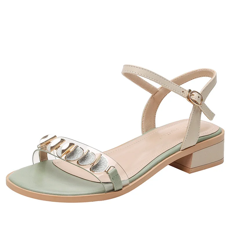 

2021 New High-Heeled Women's Shoes Round Head European Design Sandalias Ladies Thick-Heeled PU Sandals Plus Size Chaussure